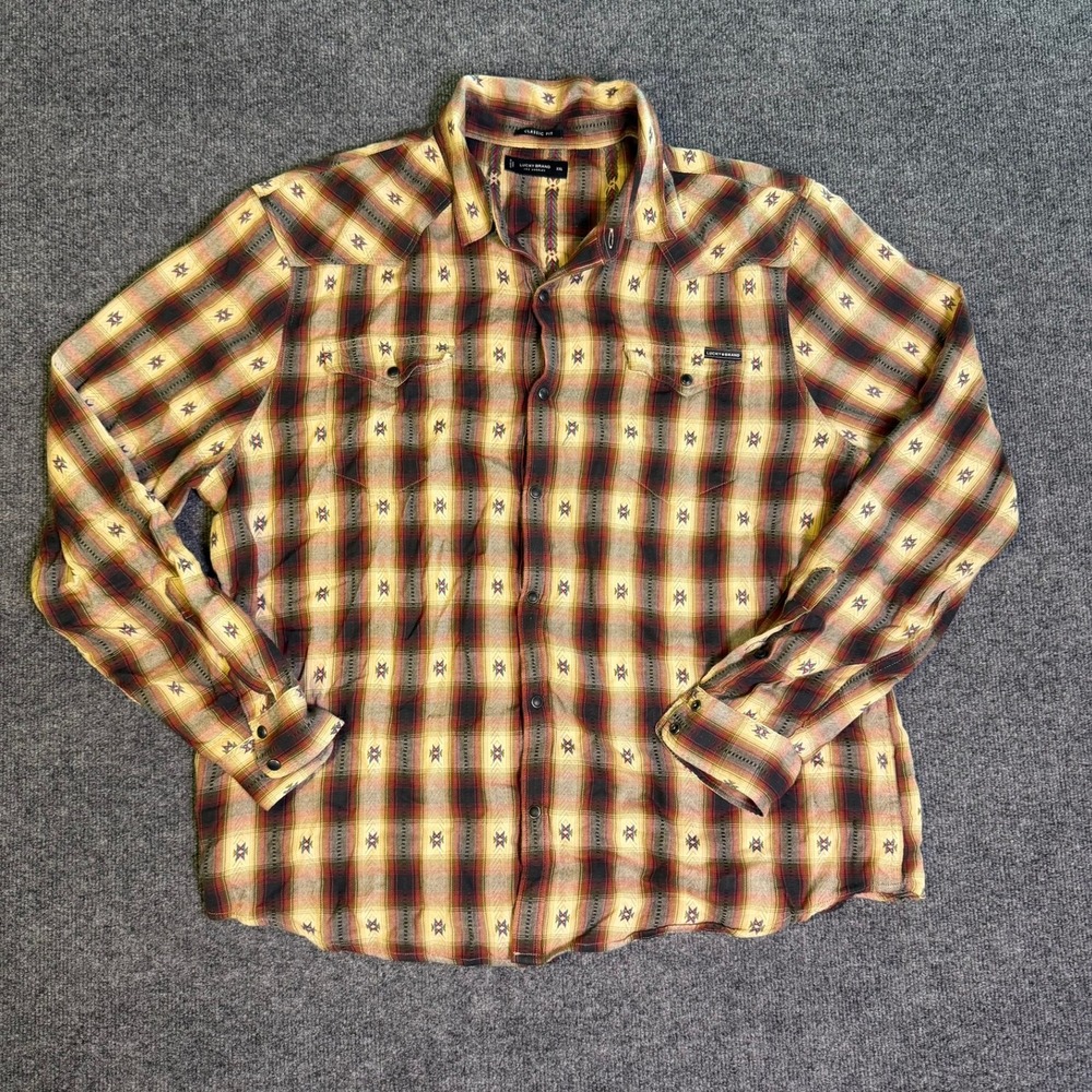 Lucky Brand Mens XXL Western Snap Plaid Shirt Southwestern Embroidered Fit